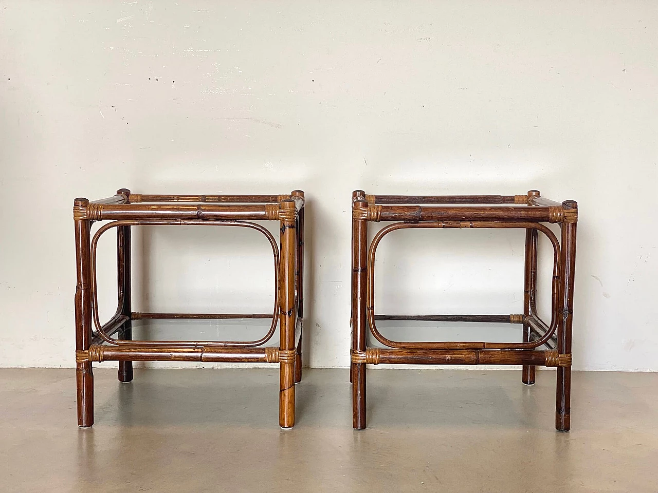 Pair of bamboo coffee tables with smoked glass top, 1970s 1
