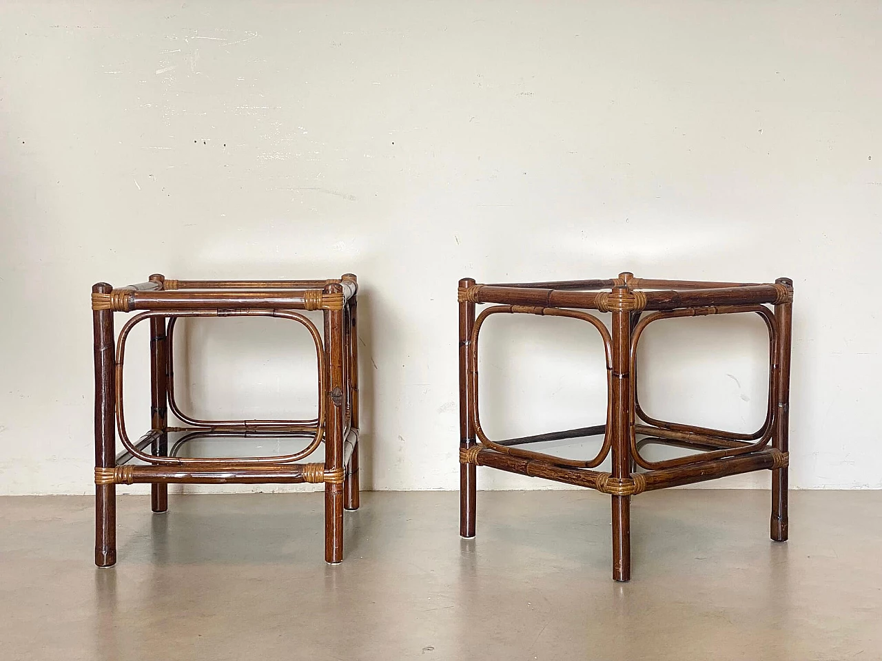 Pair of bamboo coffee tables with smoked glass top, 1970s 2