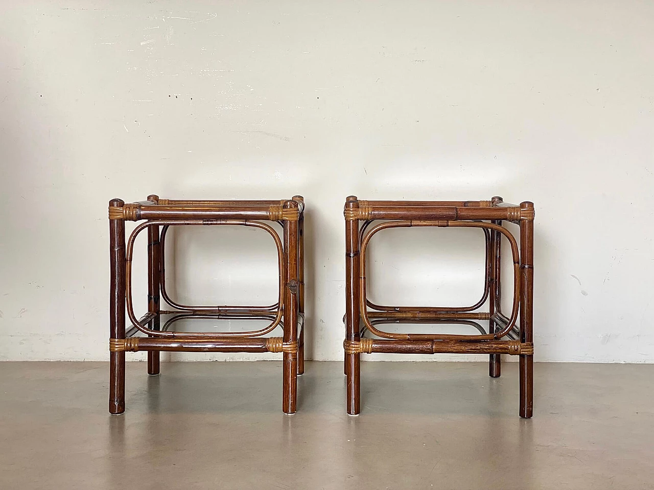 Pair of bamboo coffee tables with smoked glass top, 1970s 3