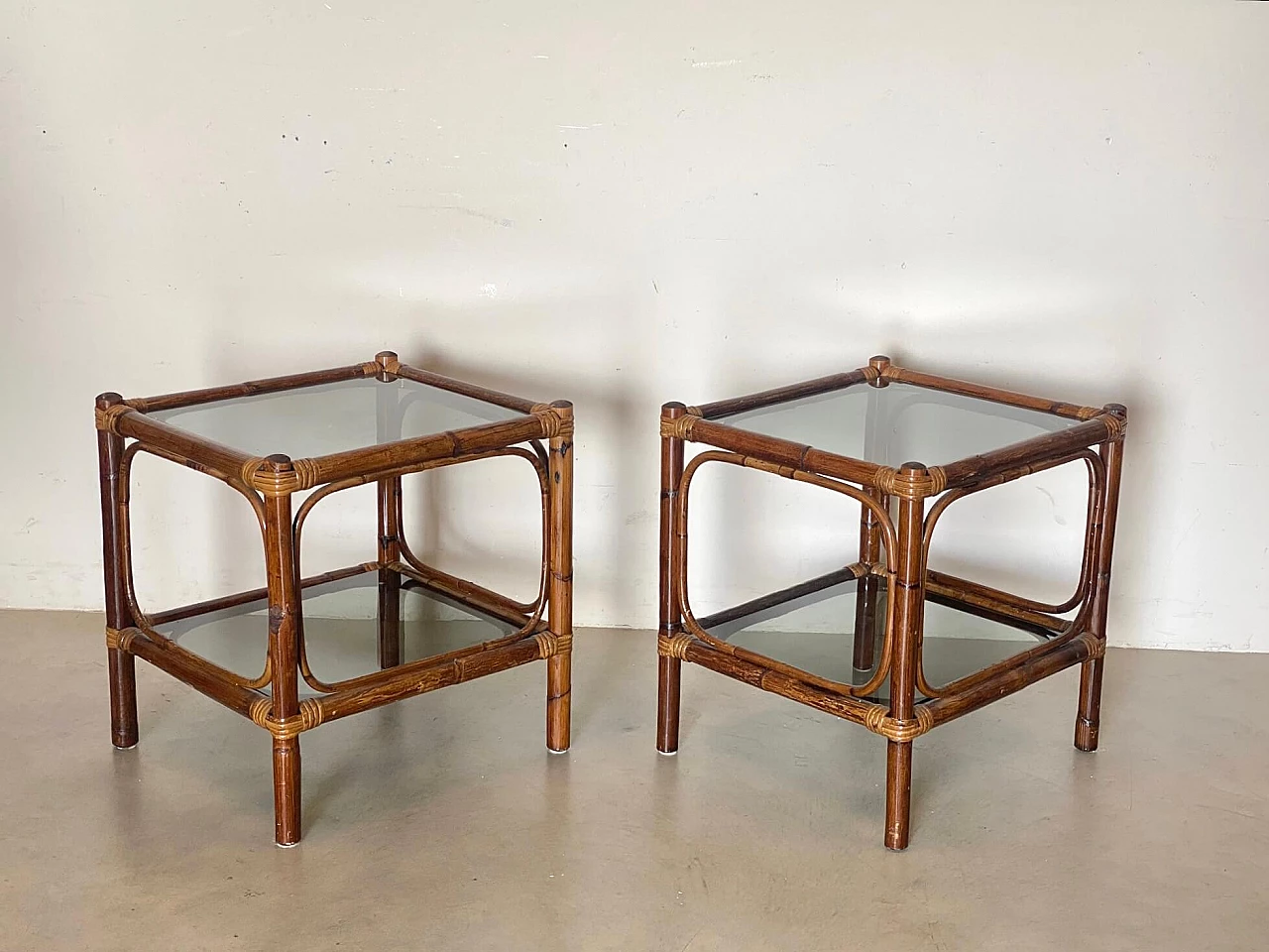 Pair of bamboo coffee tables with smoked glass top, 1970s 4