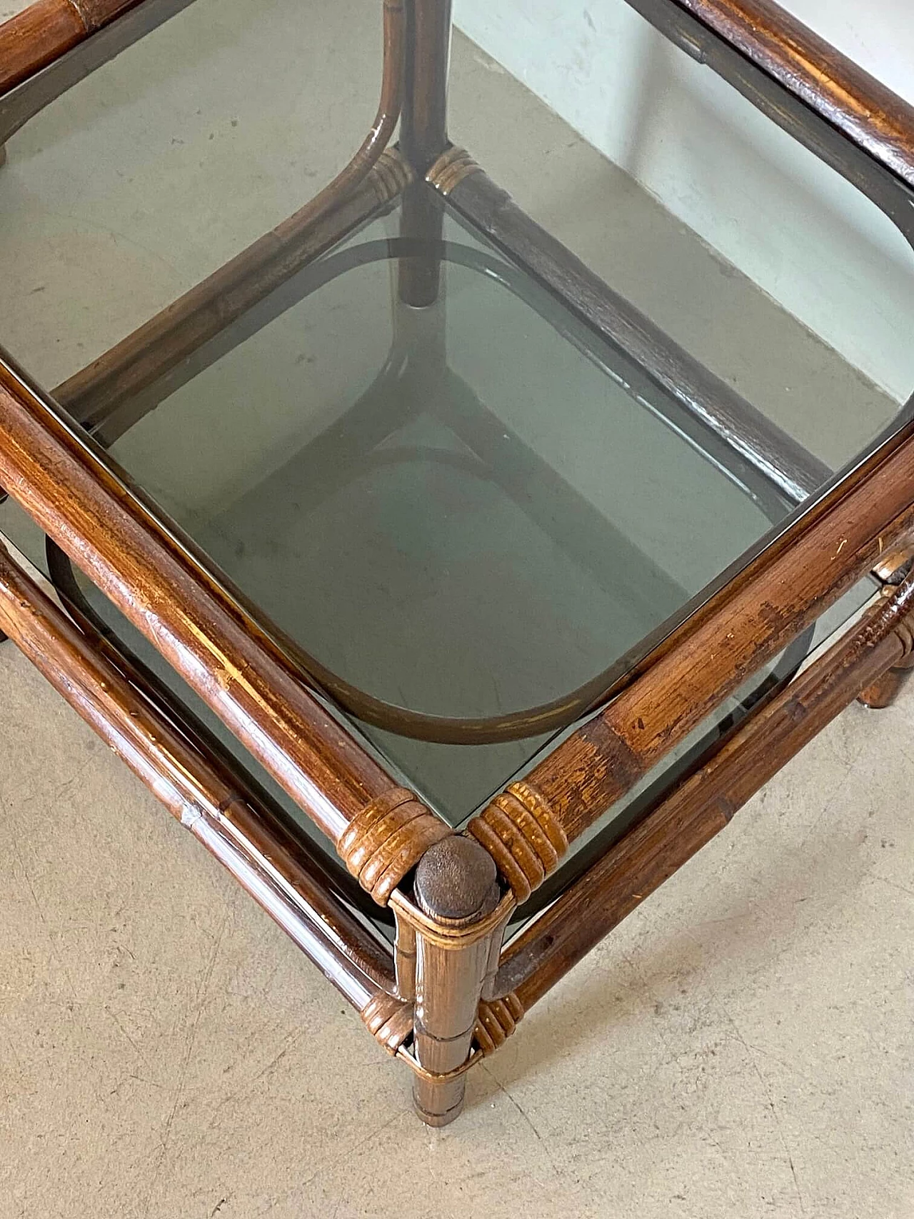 Pair of bamboo coffee tables with smoked glass top, 1970s 6
