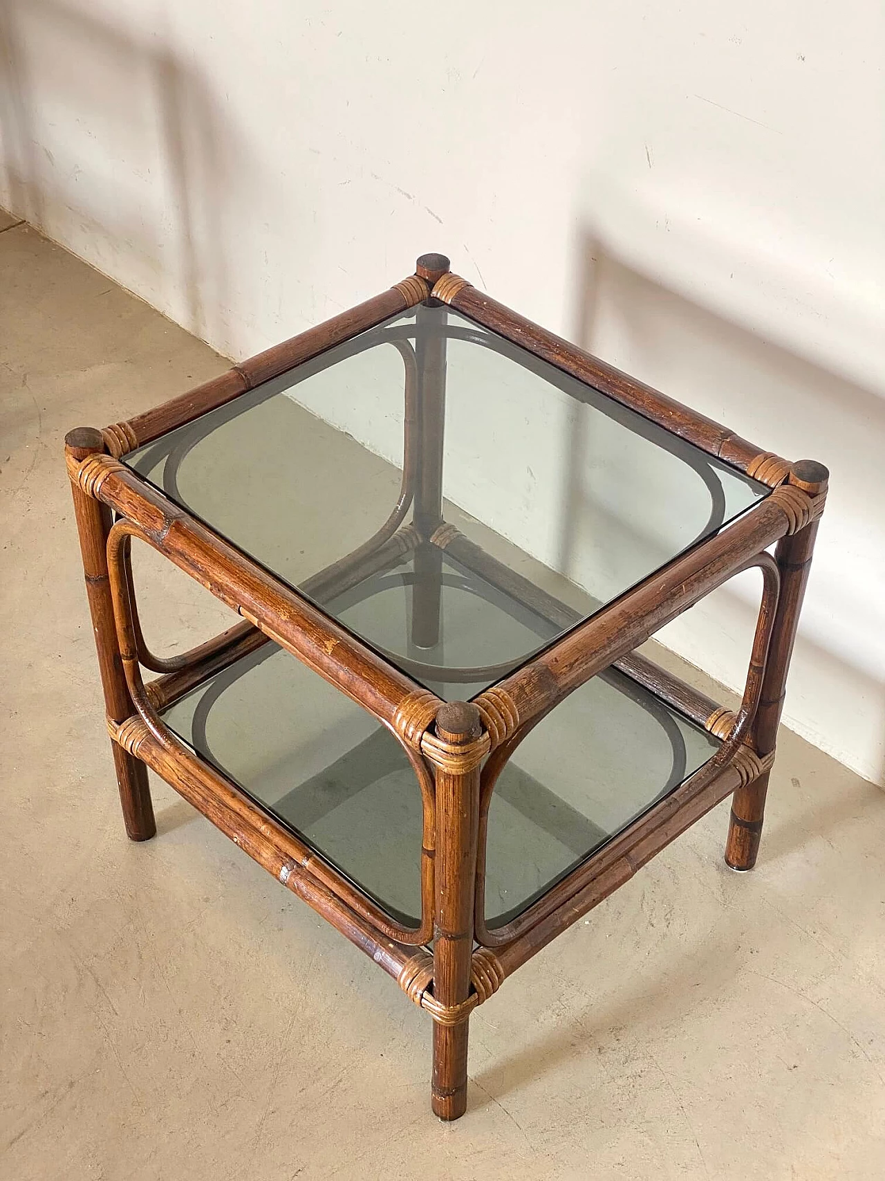 Pair of bamboo coffee tables with smoked glass top, 1970s 7