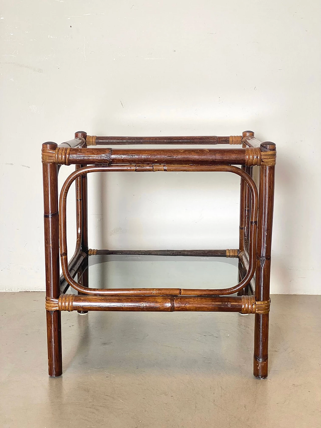 Pair of bamboo coffee tables with smoked glass top, 1970s 8