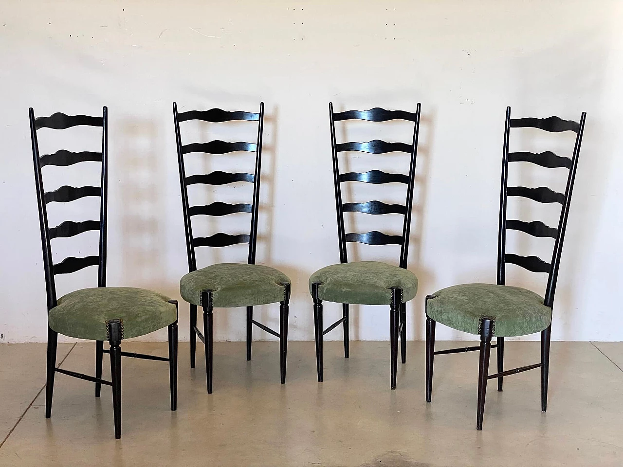 4 Black lacquered wooden chairs, 1960s 1