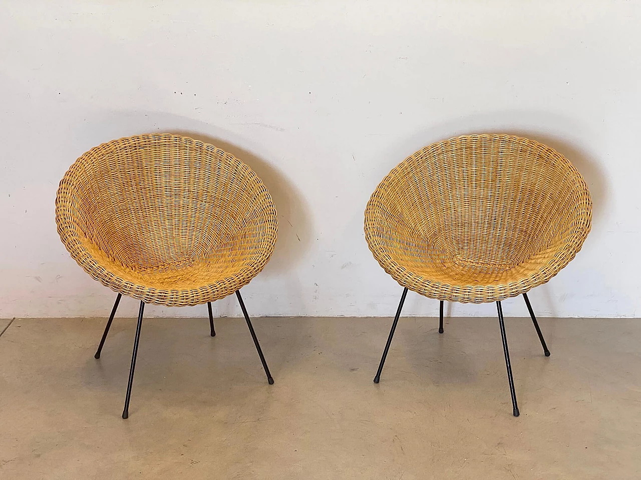 Pair of wicker armchairs with black lacquered iron frame, 1960s 1