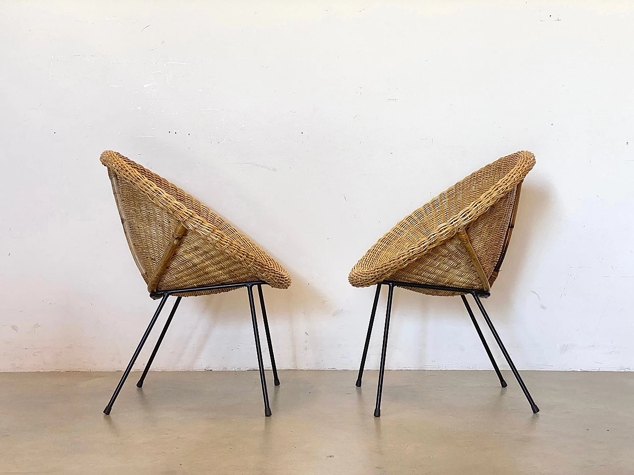 Pair of wicker armchairs with black lacquered iron frame, 1960s 3