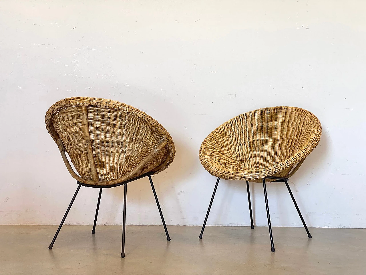 Pair of wicker armchairs with black lacquered iron frame, 1960s 4