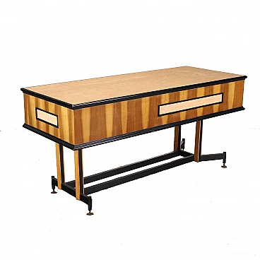Shop counter in walnut veneer and birch-effect formica with enamelled metal base, 1960s