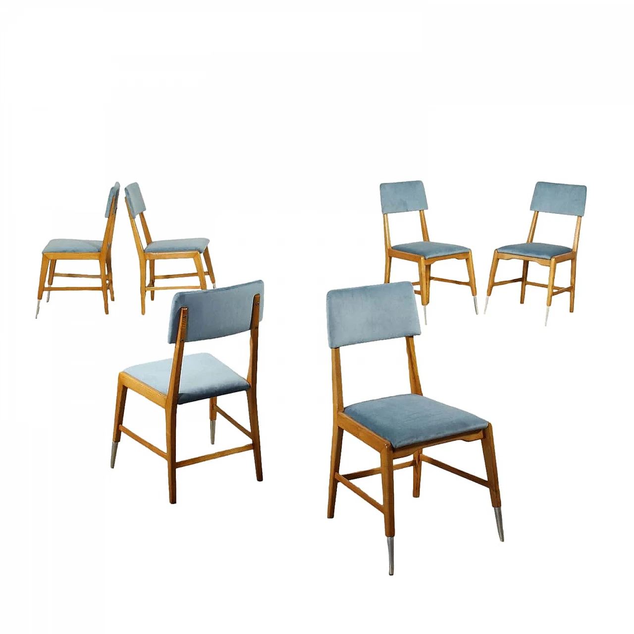 Group Of Six Chairs Sessile Oak Foam Velvet Aluminium Italy 1950s 1