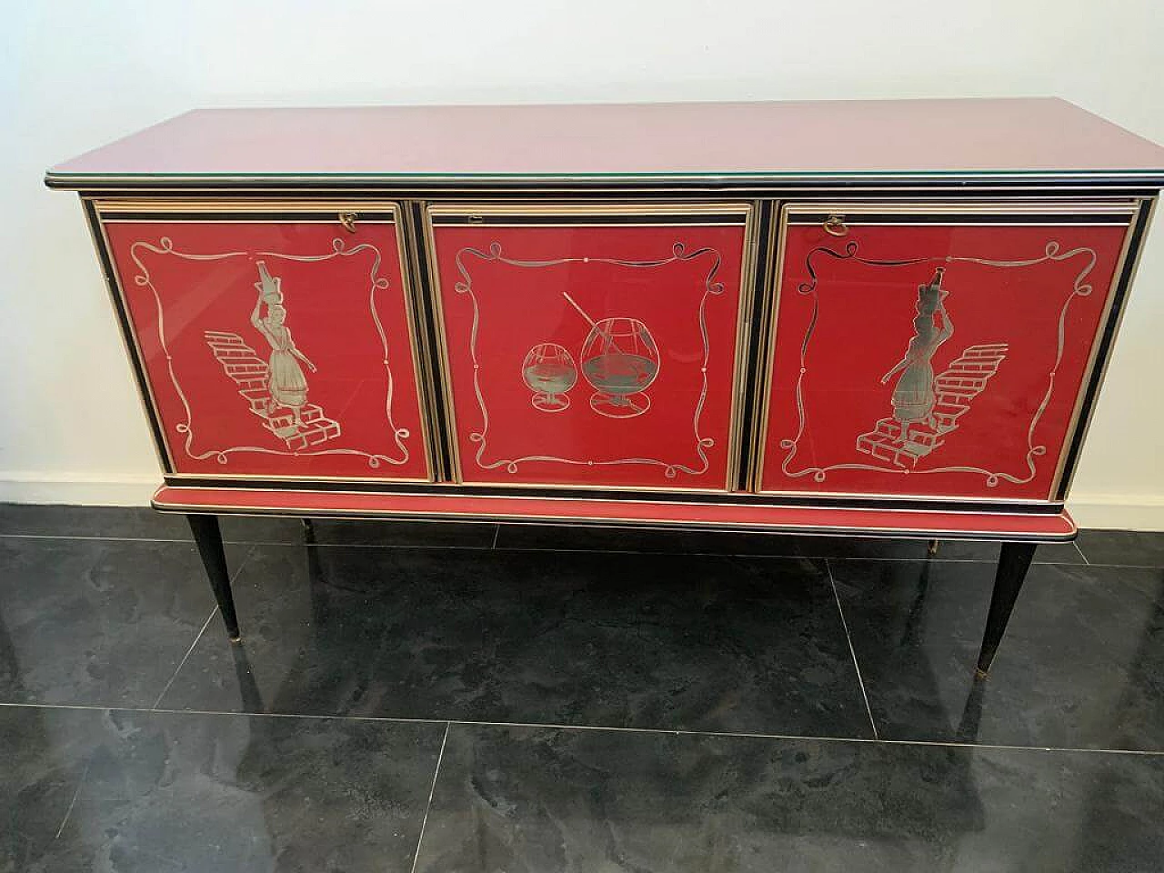 Credenza in metallo, similpelle e vetro di Umberto Mascagni, anni '50 3