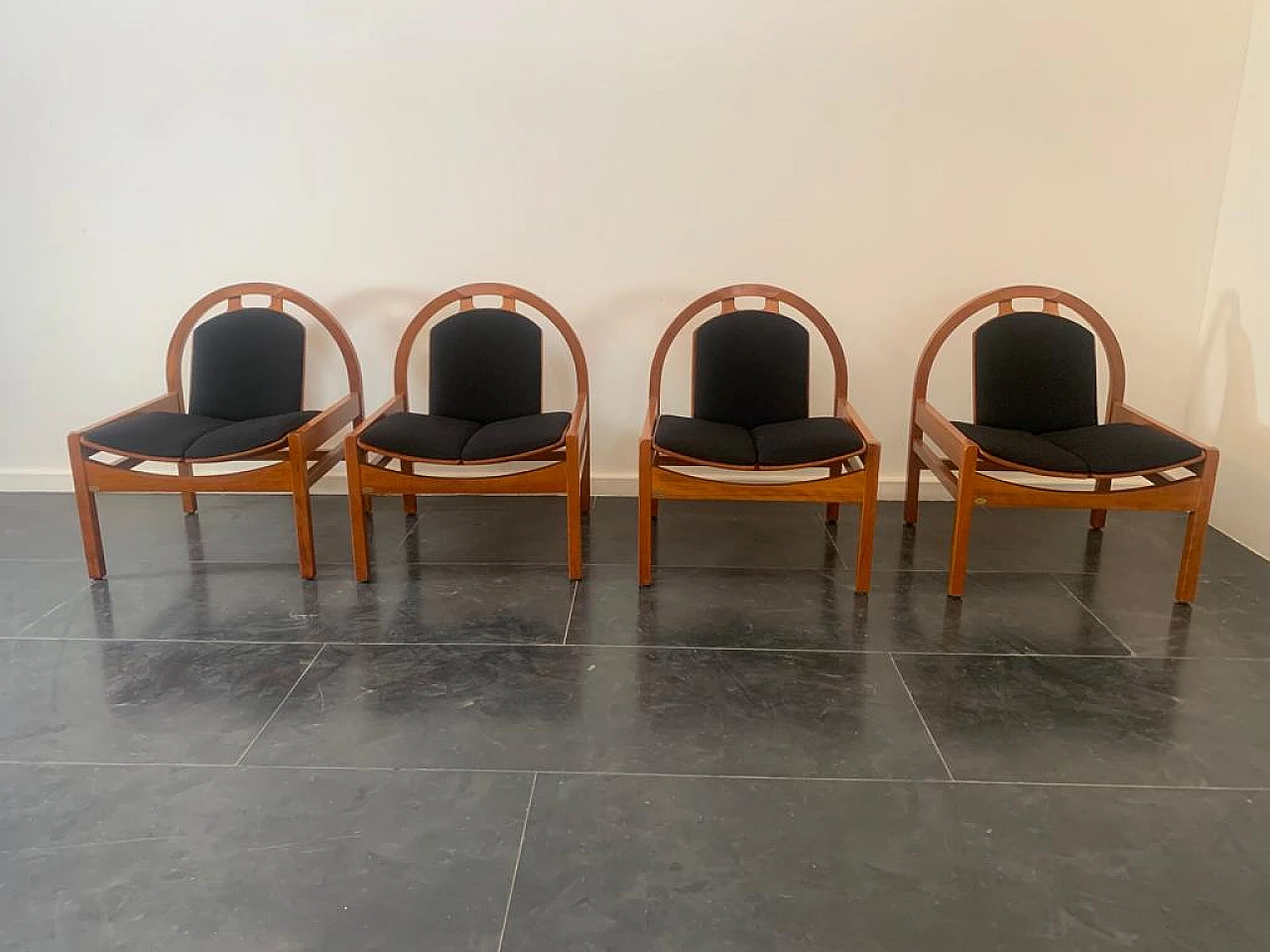 4 Argos armchairs in beech and black fabric by Baumann, 1980s 1