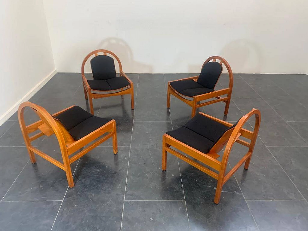4 Argos armchairs in beech and black fabric by Baumann, 1980s 2