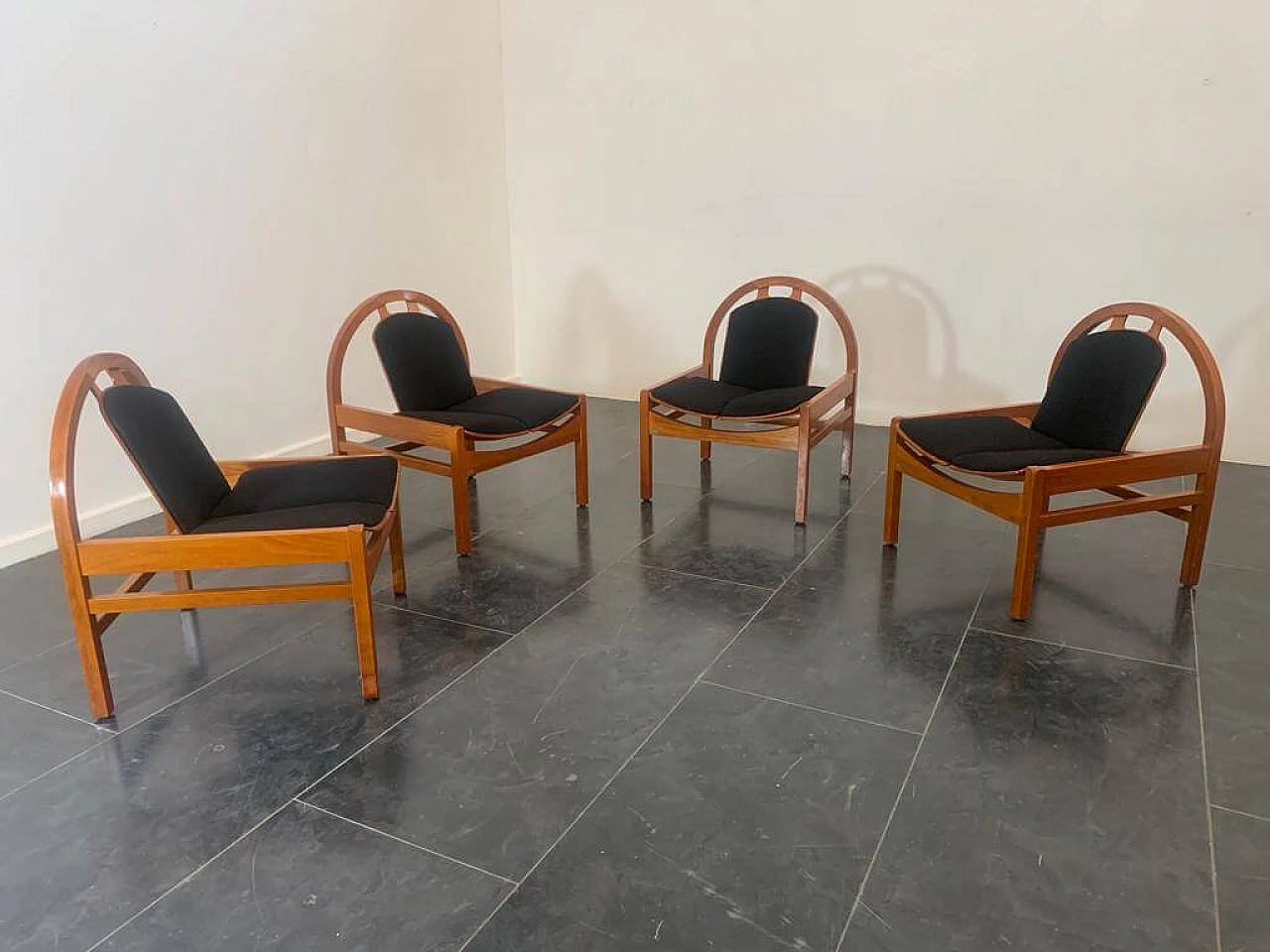 4 Argos armchairs in beech and black fabric by Baumann, 1980s 3