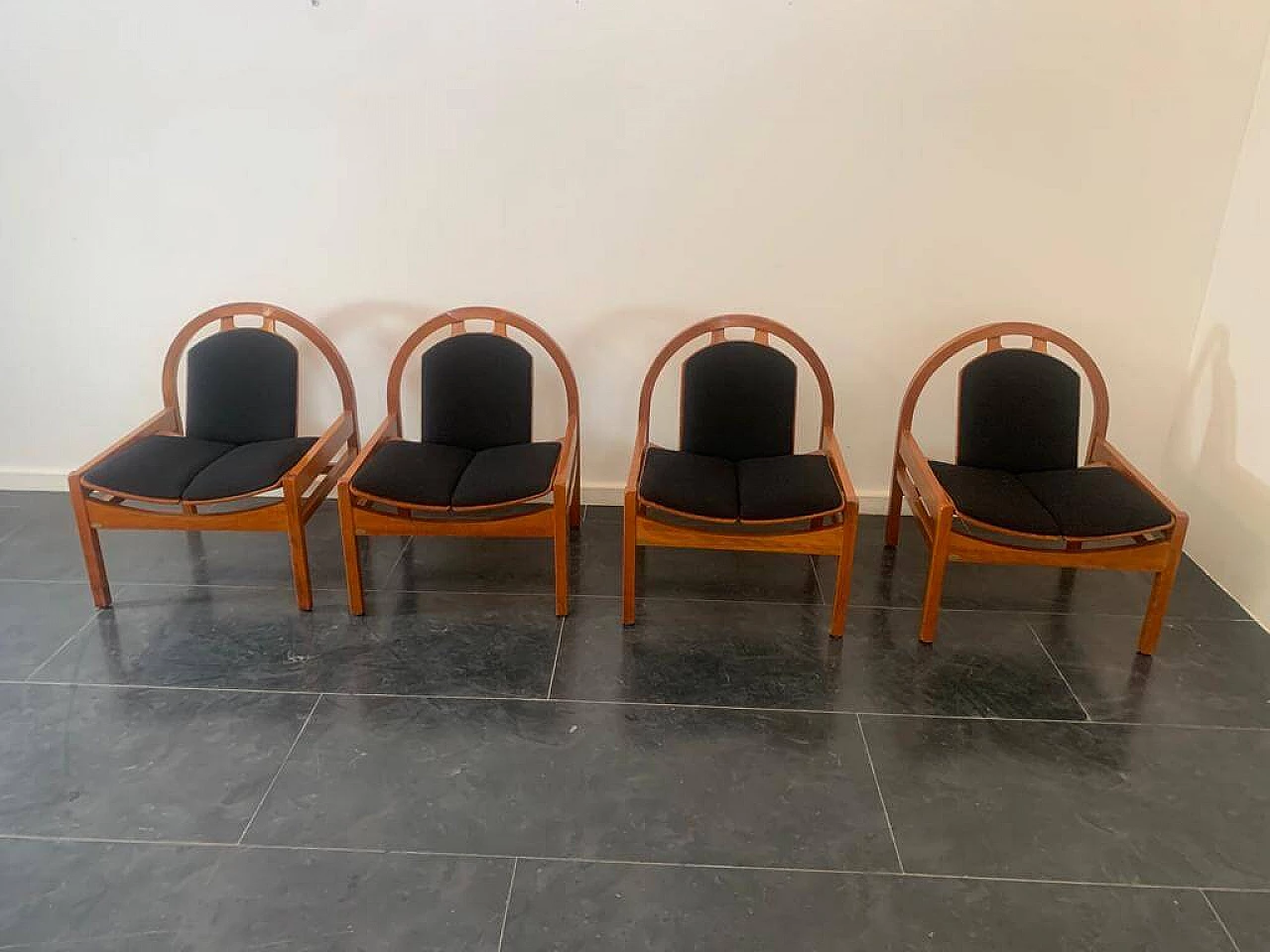 4 Argos armchairs in beech and black fabric by Baumann, 1980s 4
