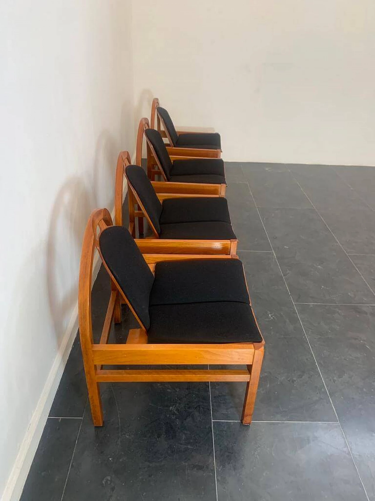 4 Argos armchairs in beech and black fabric by Baumann, 1980s 5