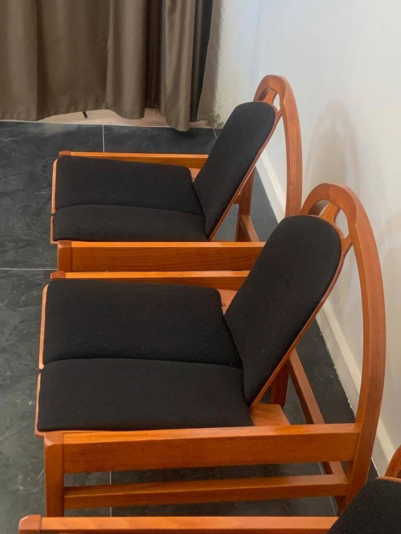 4 Argos armchairs in beech and black fabric by Baumann, 1980s 10