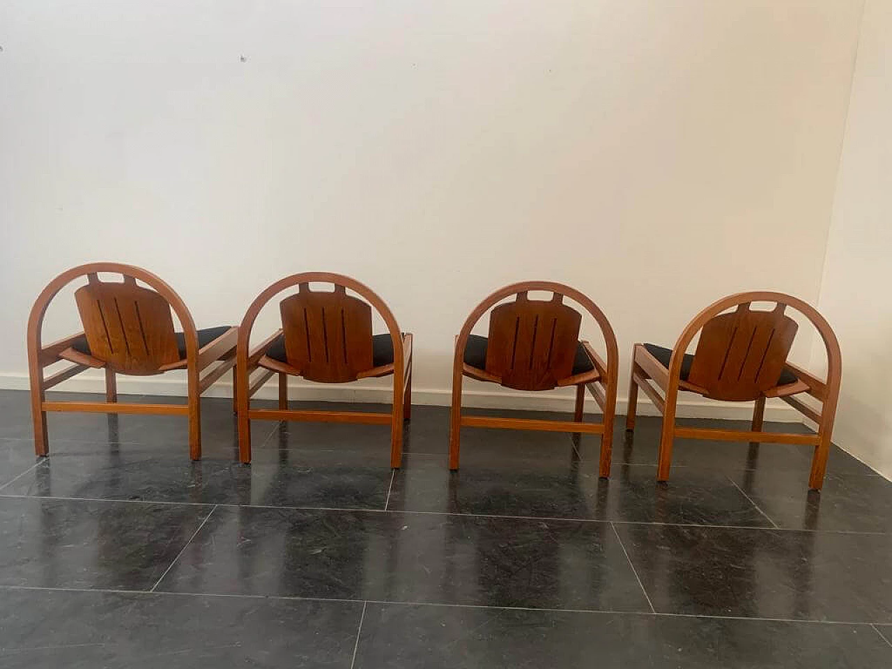 4 Argos armchairs in beech and black fabric by Baumann, 1980s 11