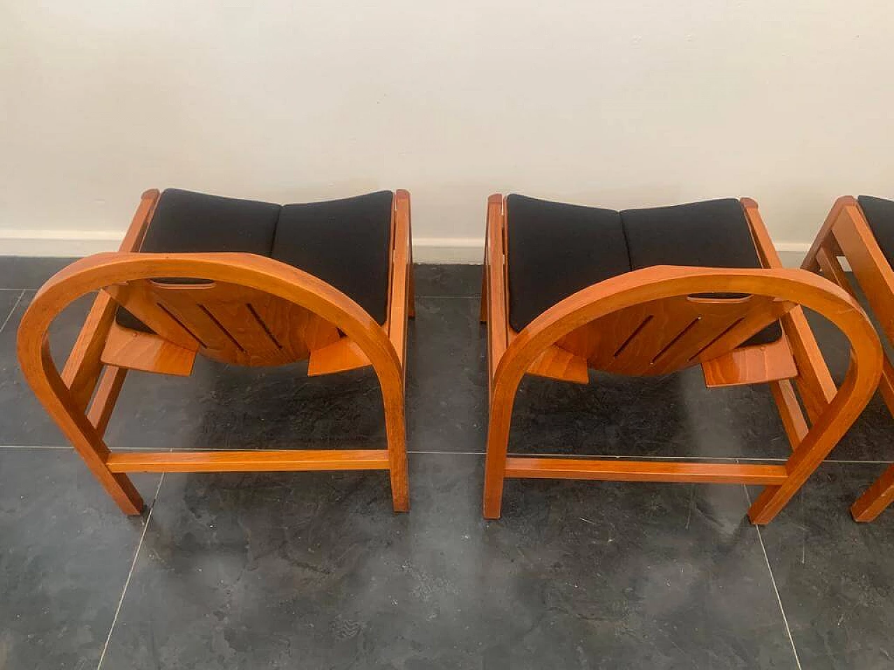 4 Argos armchairs in beech and black fabric by Baumann, 1980s 12