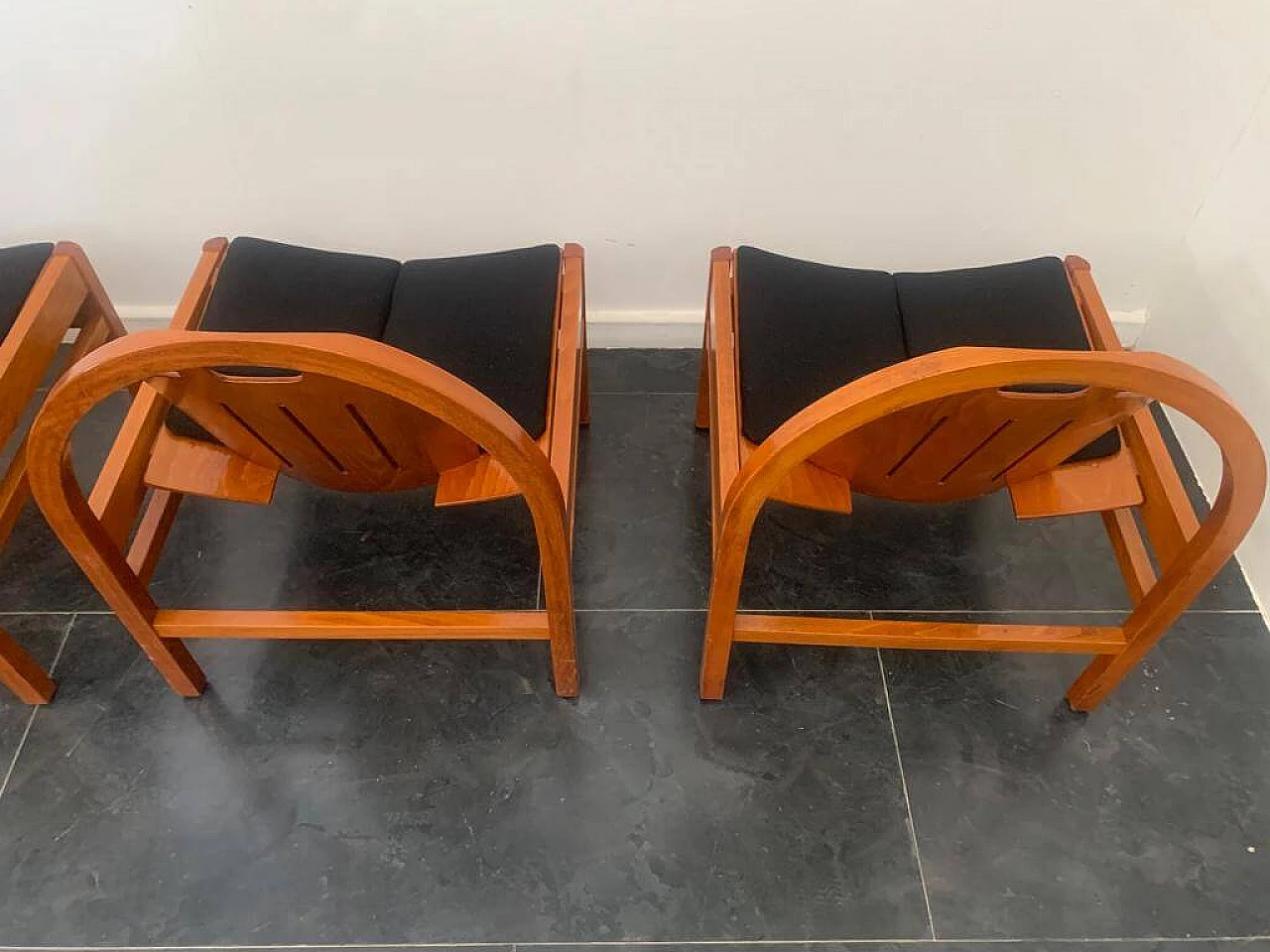 4 Argos armchairs in beech and black fabric by Baumann, 1980s 13
