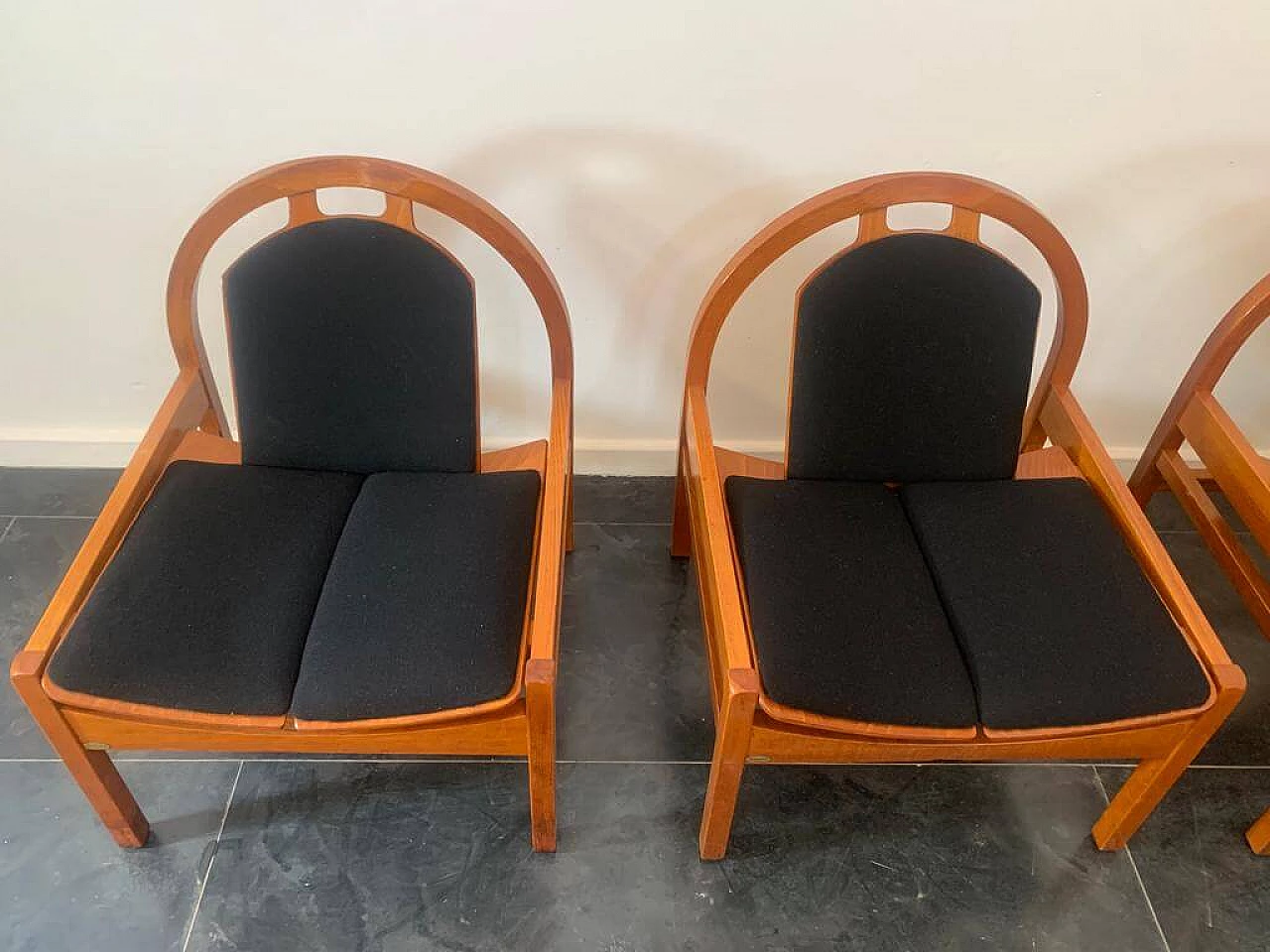 4 Argos armchairs in beech and black fabric by Baumann, 1980s 14