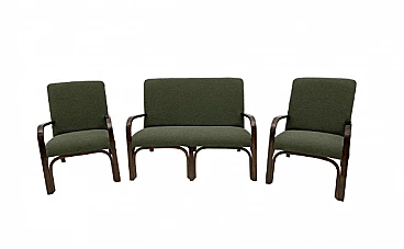 Divano e coppia di poltrone Art Déco in legno e bouclé verde, anni '30
