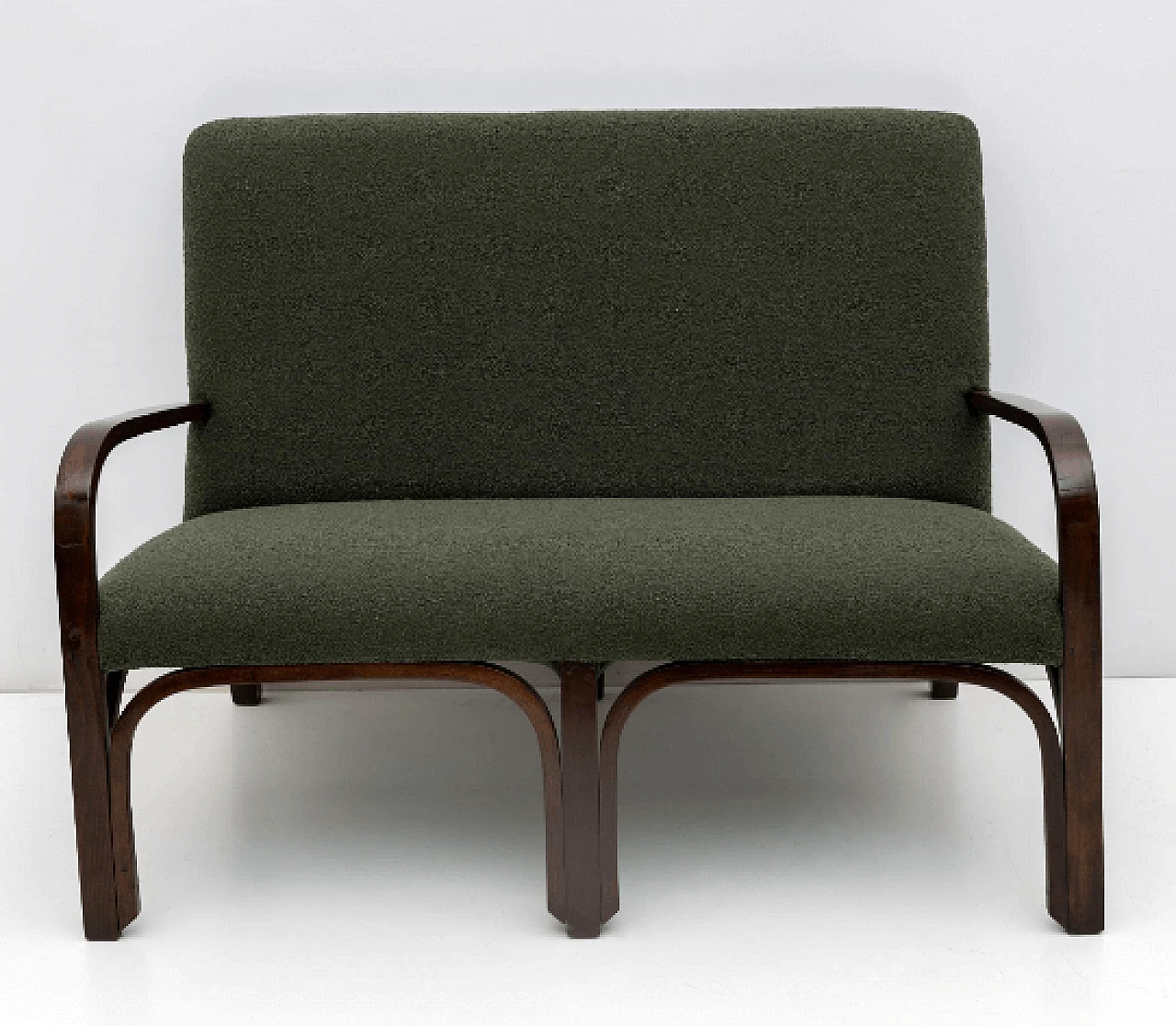 Art Deco sofa and pair of armchairs in wood and green bouclé, 1930s 2