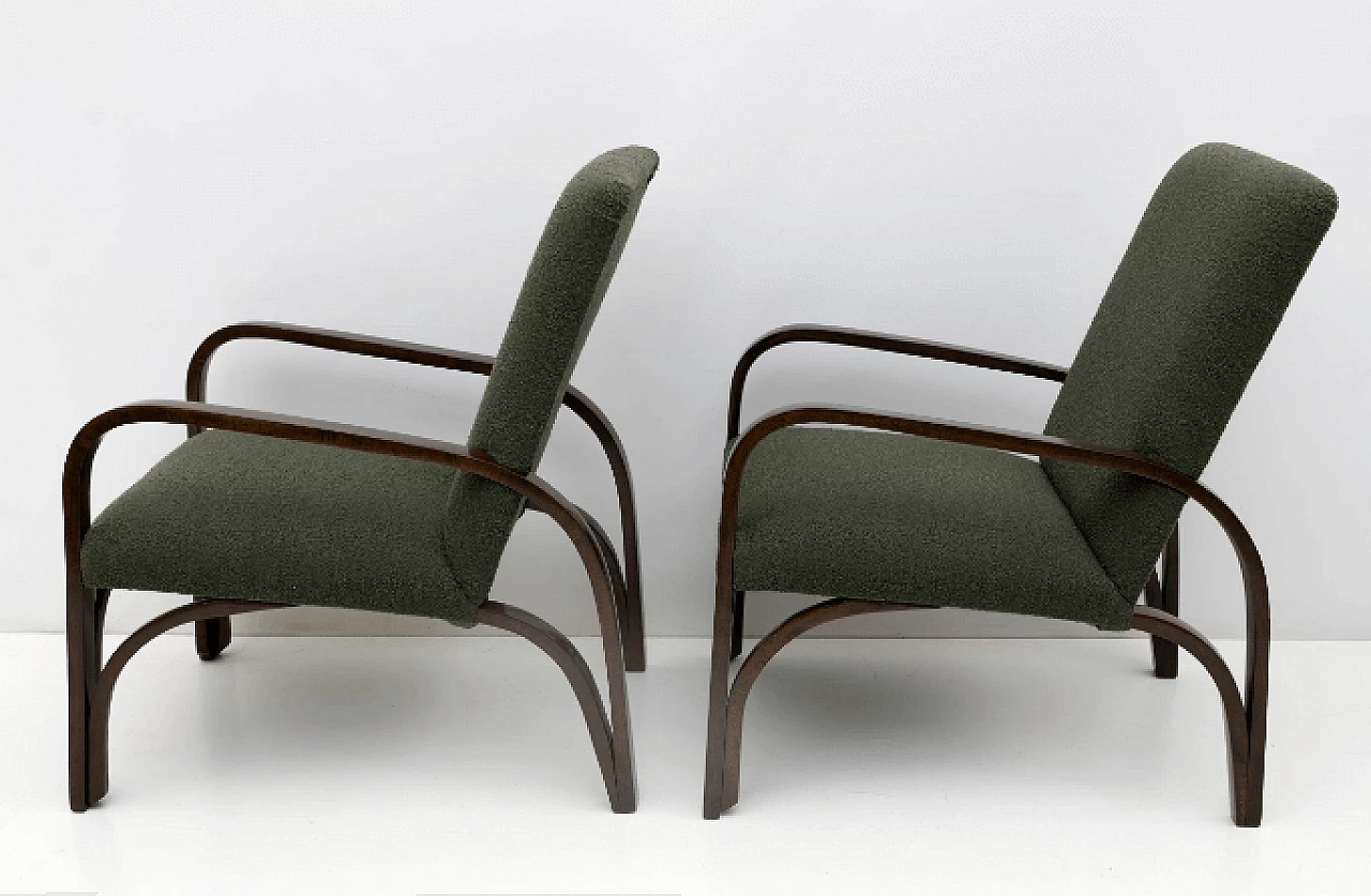 Art Deco sofa and pair of armchairs in wood and green bouclé, 1930s 5