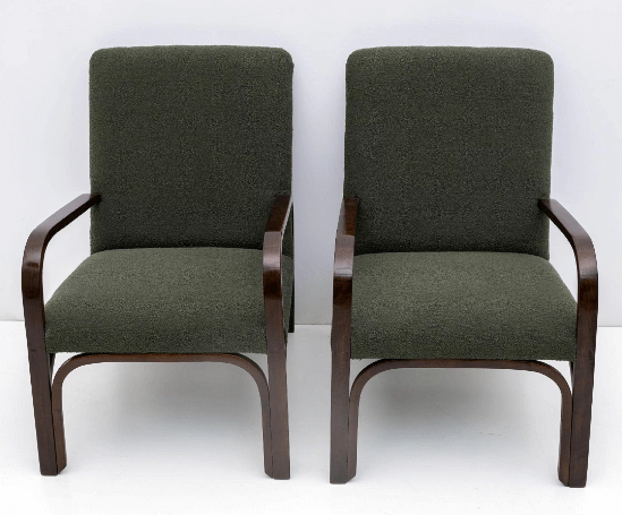 Art Deco sofa and pair of armchairs in wood and green bouclé, 1930s 10