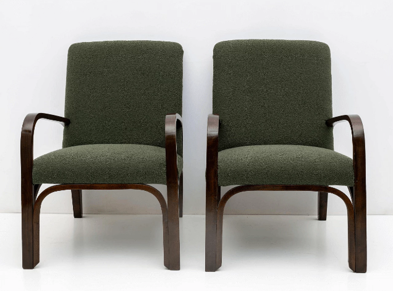 Art Deco sofa and pair of armchairs in wood and green bouclé, 1930s 11