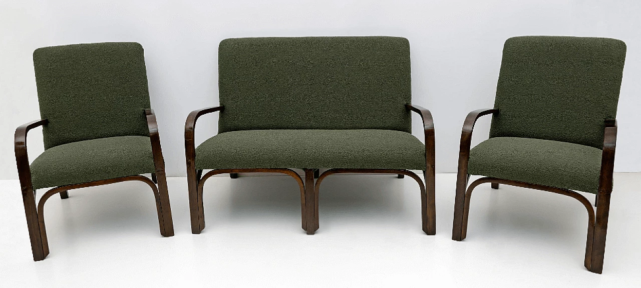Art Deco sofa and pair of armchairs in wood and green bouclé, 1930s 19