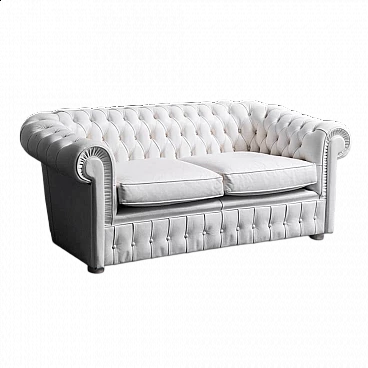 Chesterfield two-seater sofa in white leather, 1970s