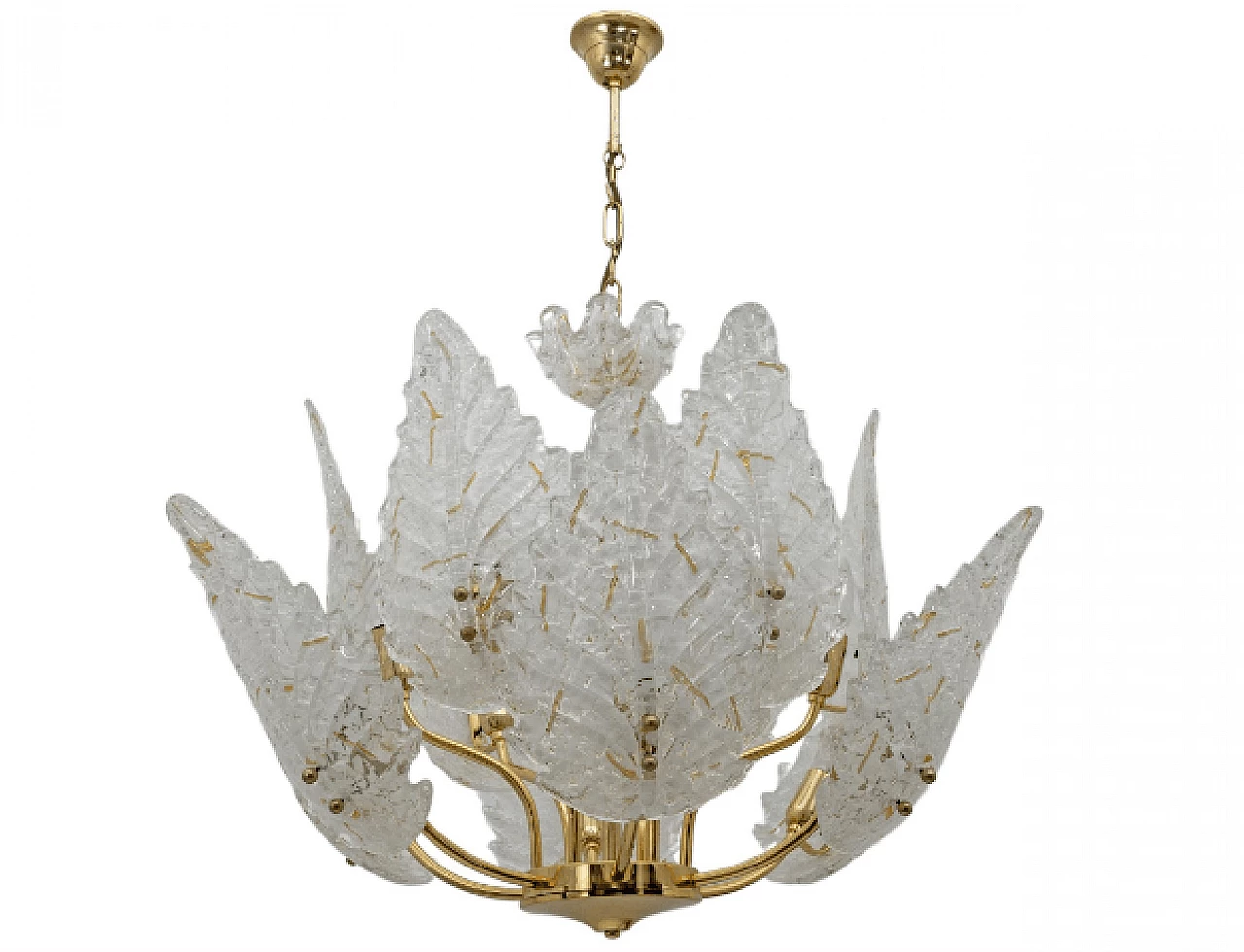 Twelve-light brass chandelier with Murano glass leaves, 1970s 1