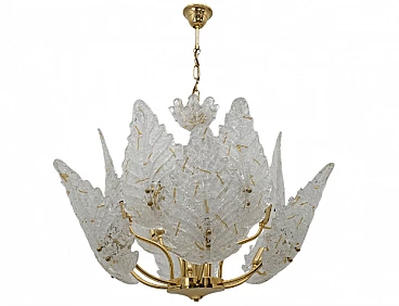 Twelve-light brass chandelier with Murano glass leaves, 1970s