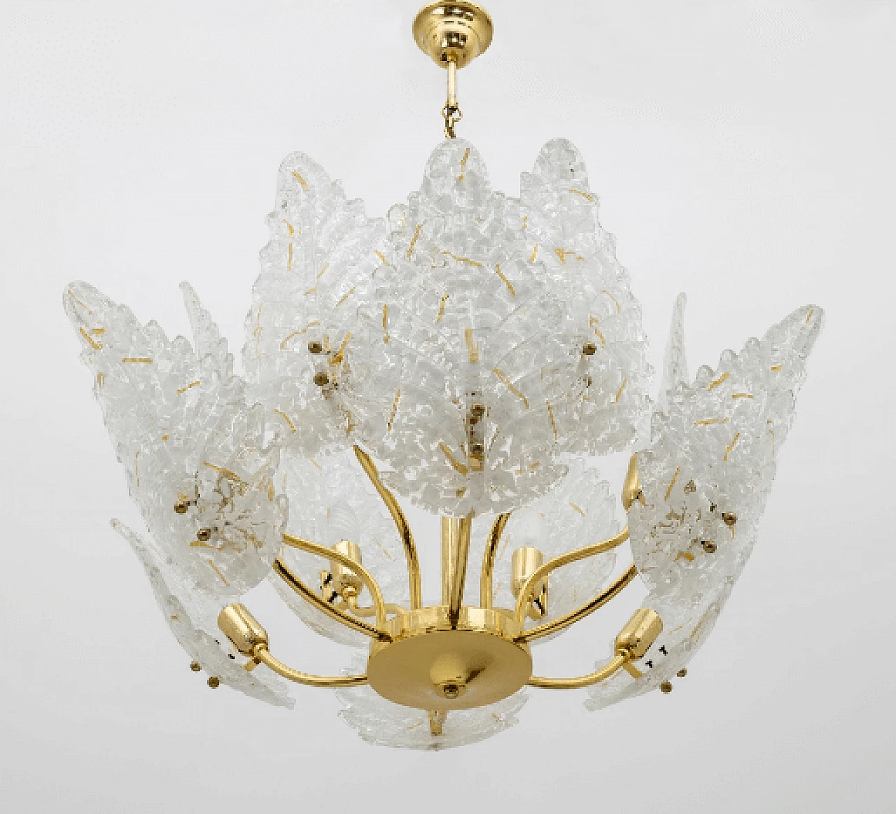 Twelve-light brass chandelier with Murano glass leaves, 1970s 2
