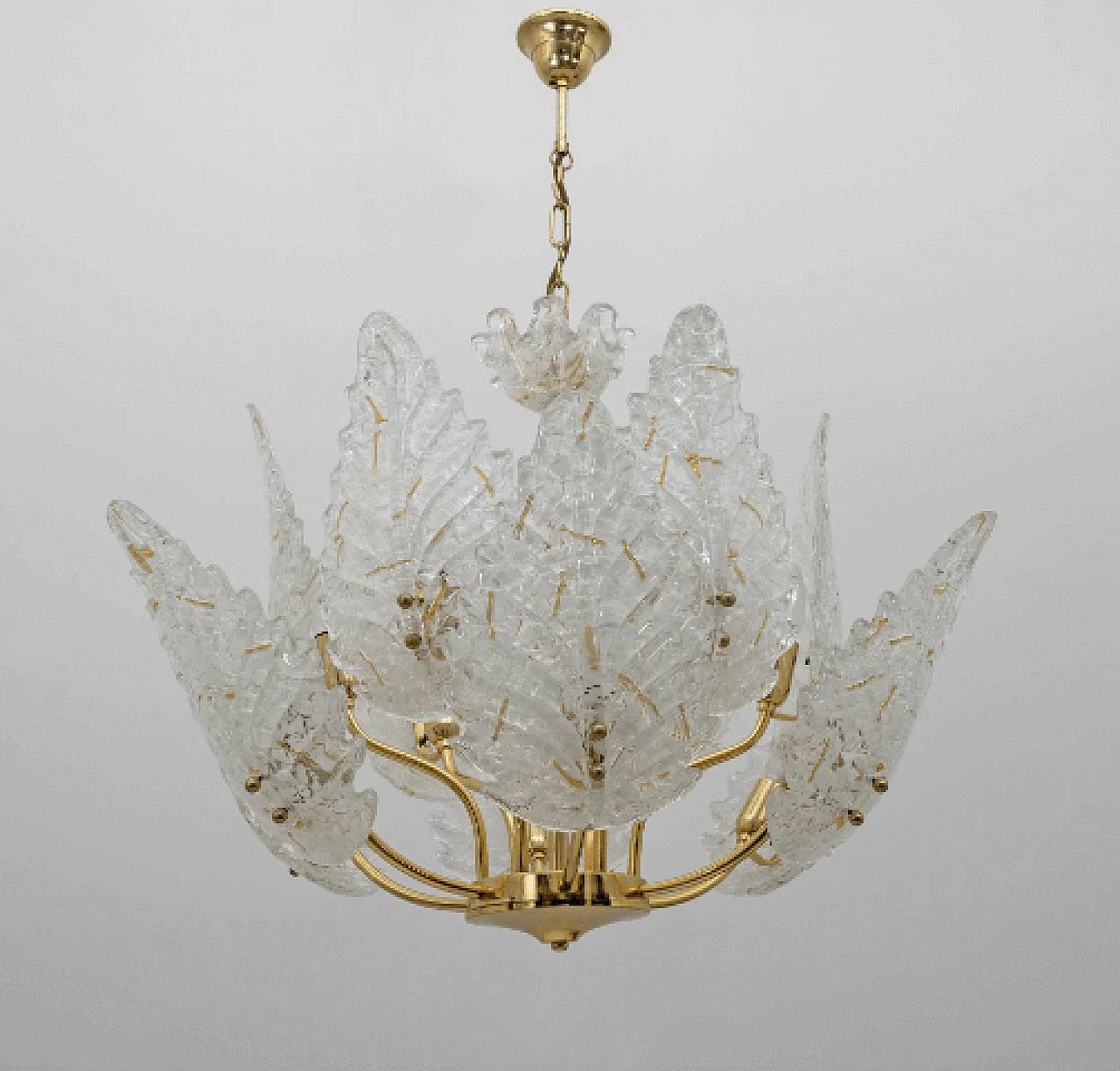 Twelve-light brass chandelier with Murano glass leaves, 1970s 4