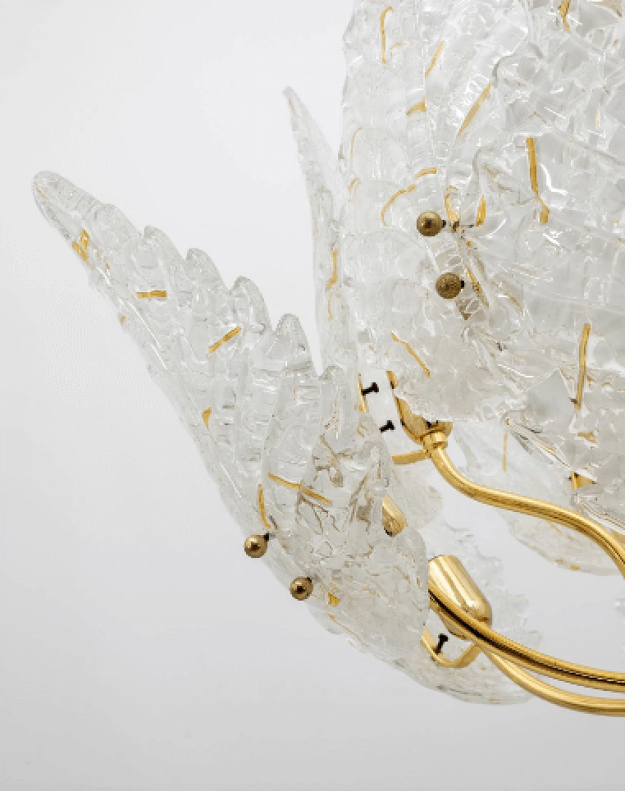 Twelve-light brass chandelier with Murano glass leaves, 1970s 5
