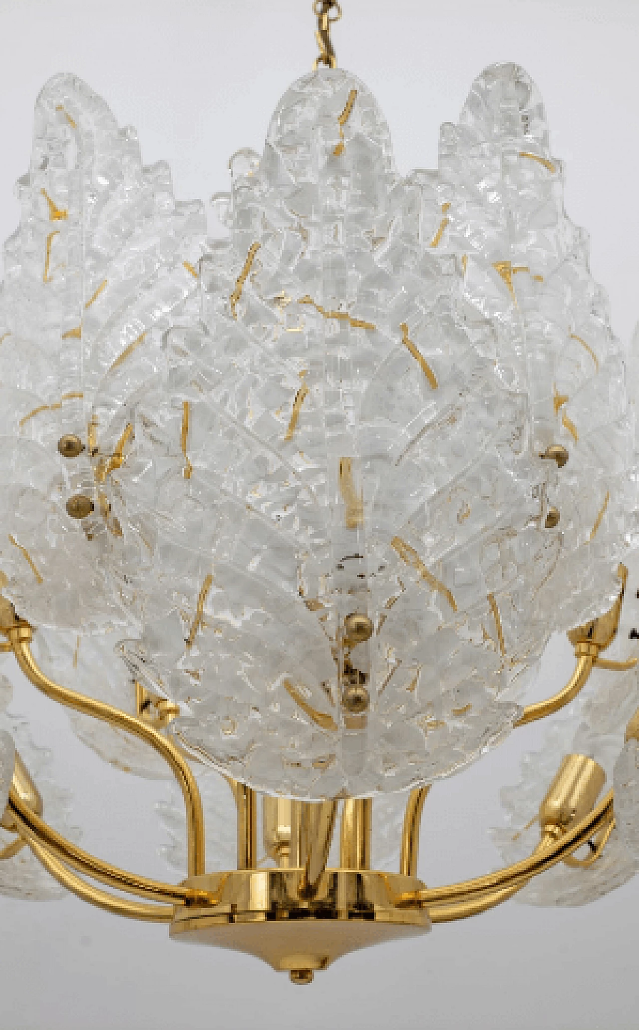 Twelve-light brass chandelier with Murano glass leaves, 1970s 6