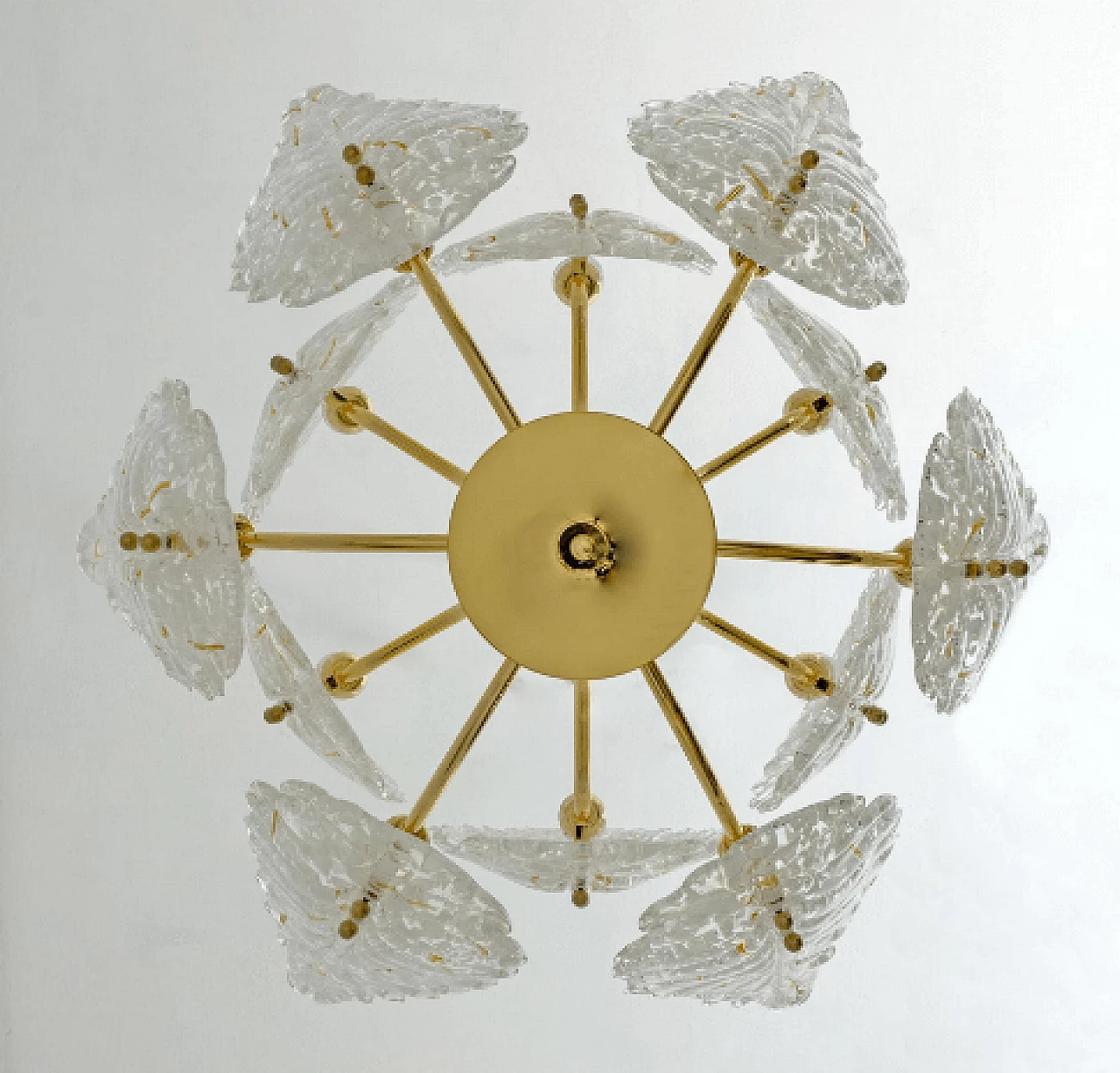 Twelve-light brass chandelier with Murano glass leaves, 1970s 7