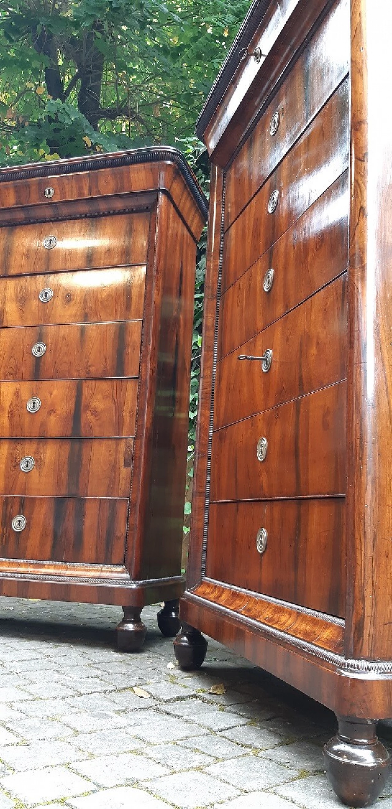 Pair of Lombard Charles X walnut and briar-root paneled chest of drawers, 19th century 1