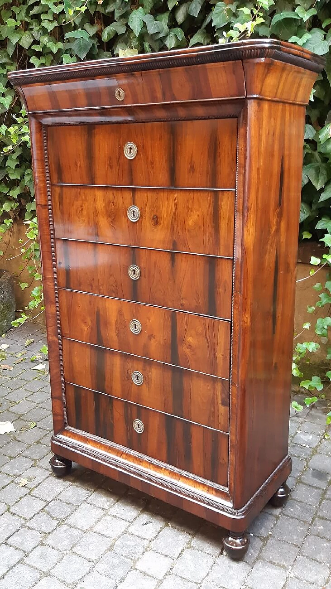 Pair of Lombard Charles X walnut and briar-root paneled chest of drawers, 19th century 5