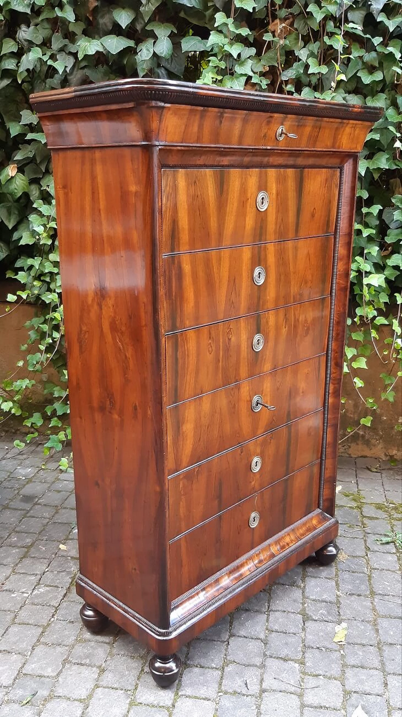 Pair of Lombard Charles X walnut and briar-root paneled chest of drawers, 19th century 6