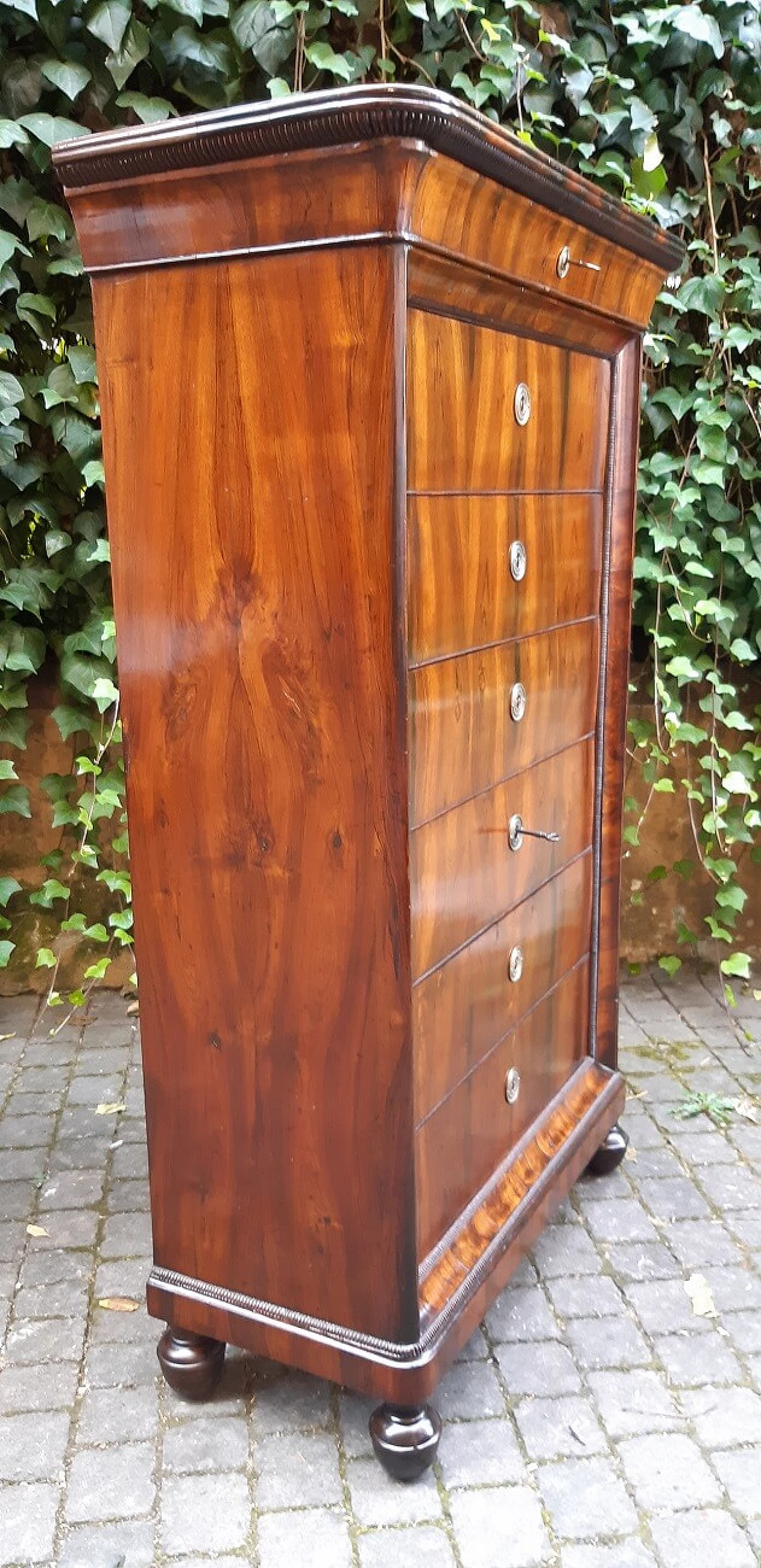 Pair of Lombard Charles X walnut and briar-root paneled chest of drawers, 19th century 7