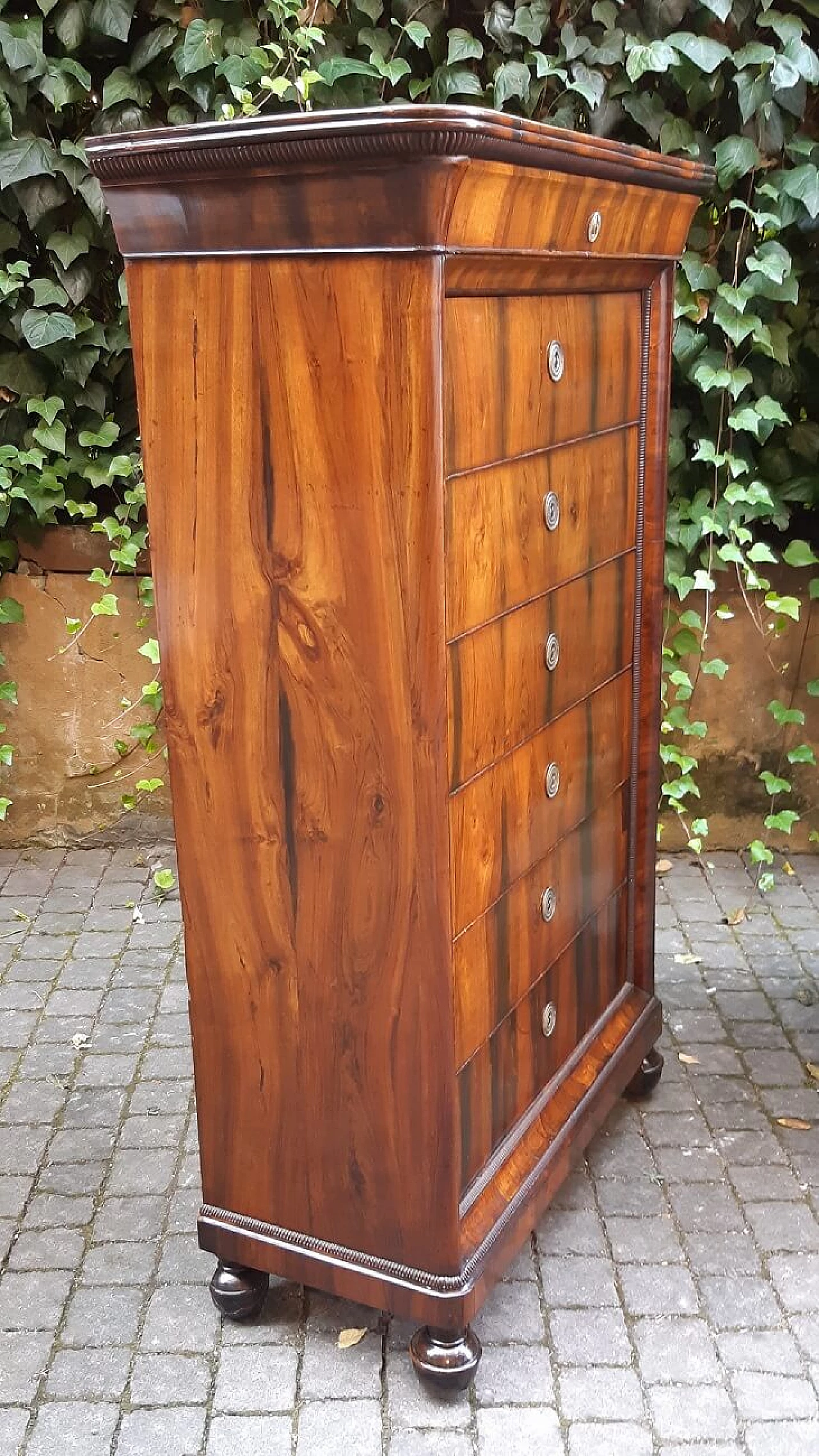 Pair of Lombard Charles X walnut and briar-root paneled chest of drawers, 19th century 8