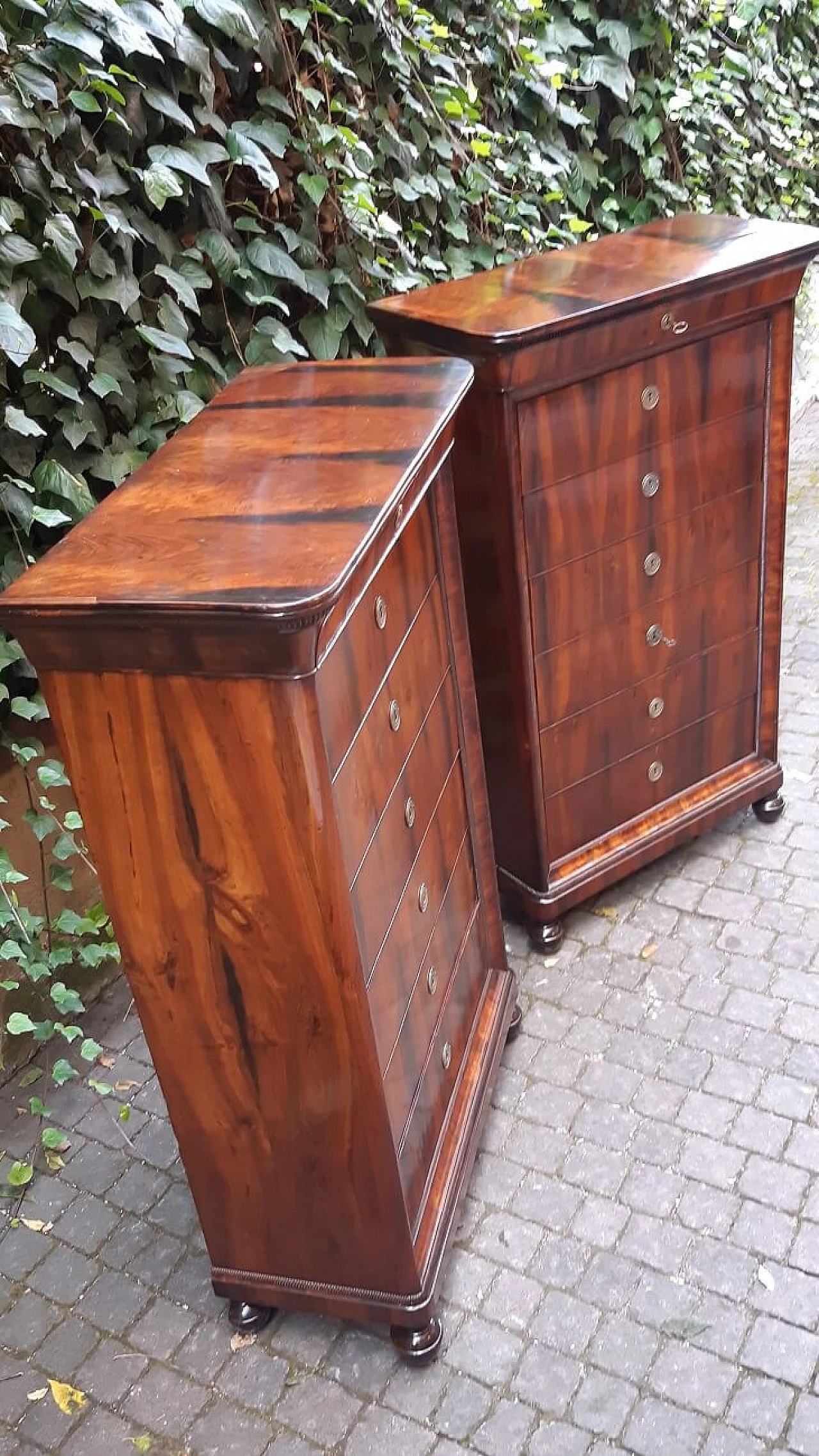 Pair of Lombard Charles X walnut and briar-root paneled chest of drawers, 19th century 11