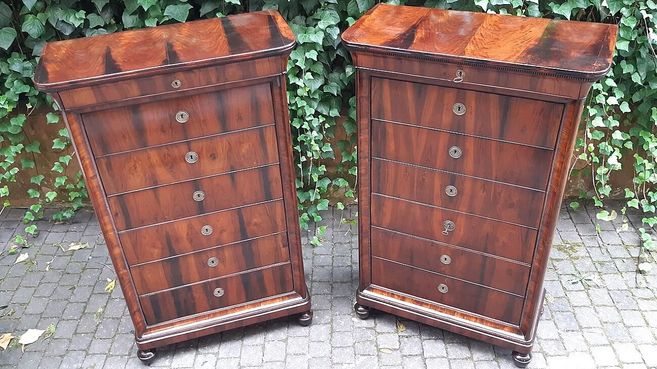 Pair of Lombard Charles X walnut and briar-root paneled chest of drawers, 19th century 12