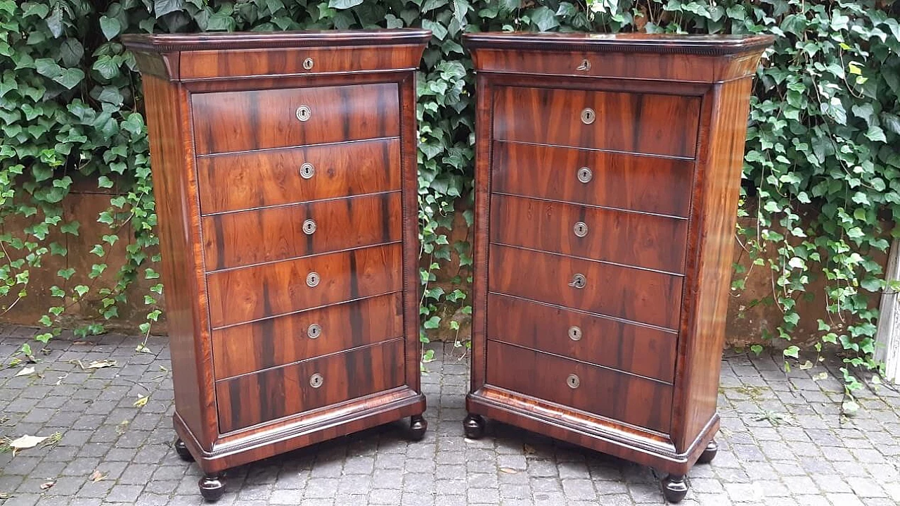 Pair of Lombard Charles X walnut and briar-root paneled chest of drawers, 19th century 13