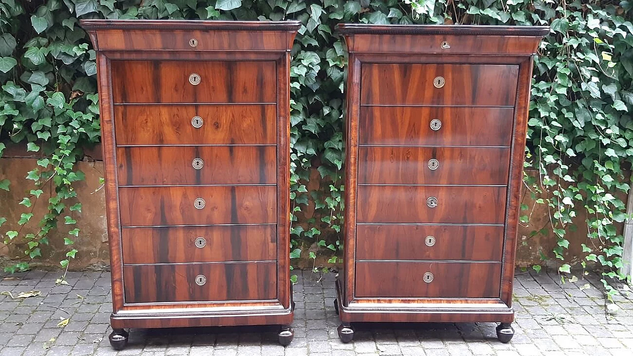 Pair of Lombard Charles X walnut and briar-root paneled chest of drawers, 19th century 14