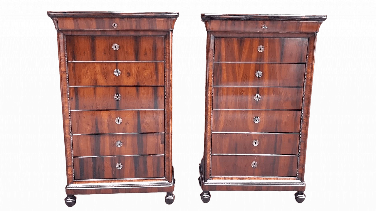 Pair of Lombard Charles X walnut and briar-root paneled chest of drawers, 19th century 15