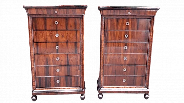 Pair of Lombard Charles X walnut and briar-root paneled chest of drawers, 19th century