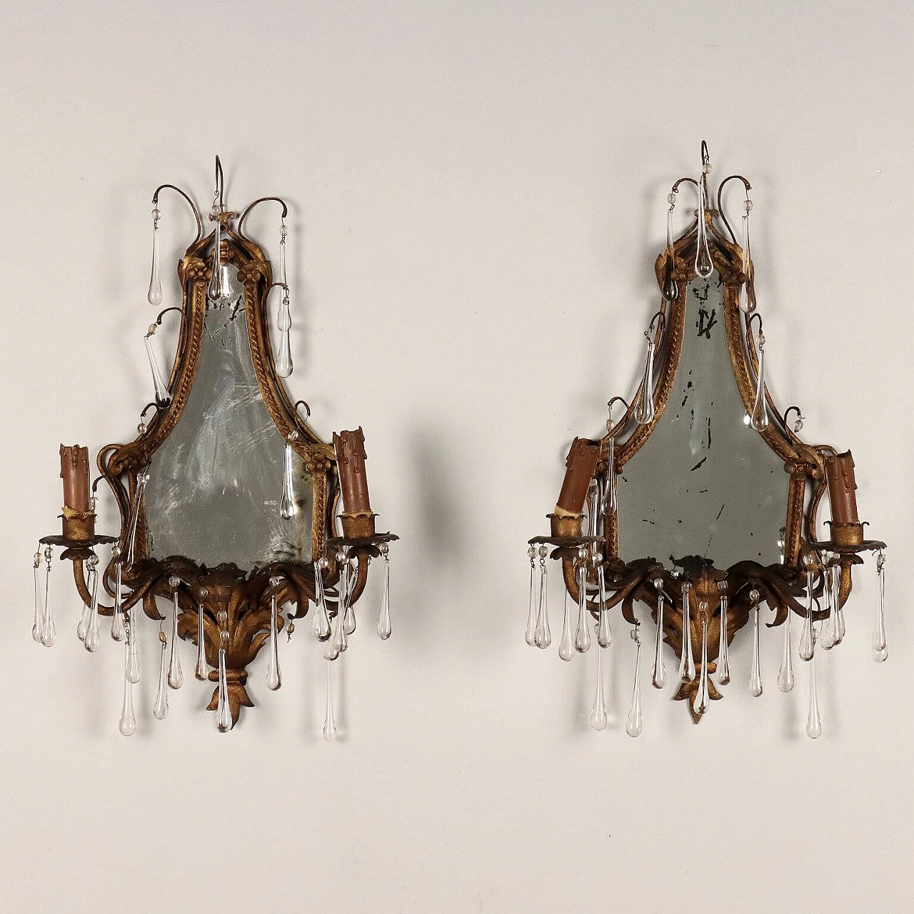 Pair of metal and glass wall lights with mirror, early 20th century 1